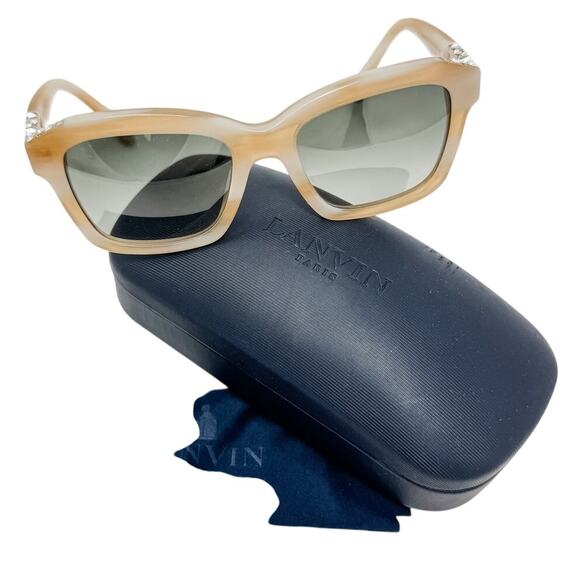 Lanvin Neutral Square Tortoiseshell Jeweled Rhinestone Sunglasses & case beige - Picture 2 of 11